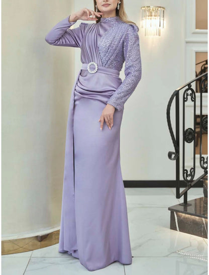 A-Line Evening Gown Sparkle & Shine Dress Formal Christmas Floor Length Long Sleeve High Neck Satin with Glitter Ruched