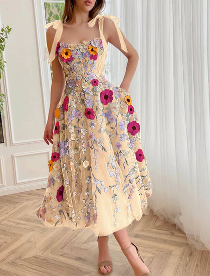 A-Line Cocktail Dresses Corsets Dress Wedding Guest Summer Tea Length Sleeveless Scoop Neck Bridesmaid Dress Tulle with Appliques