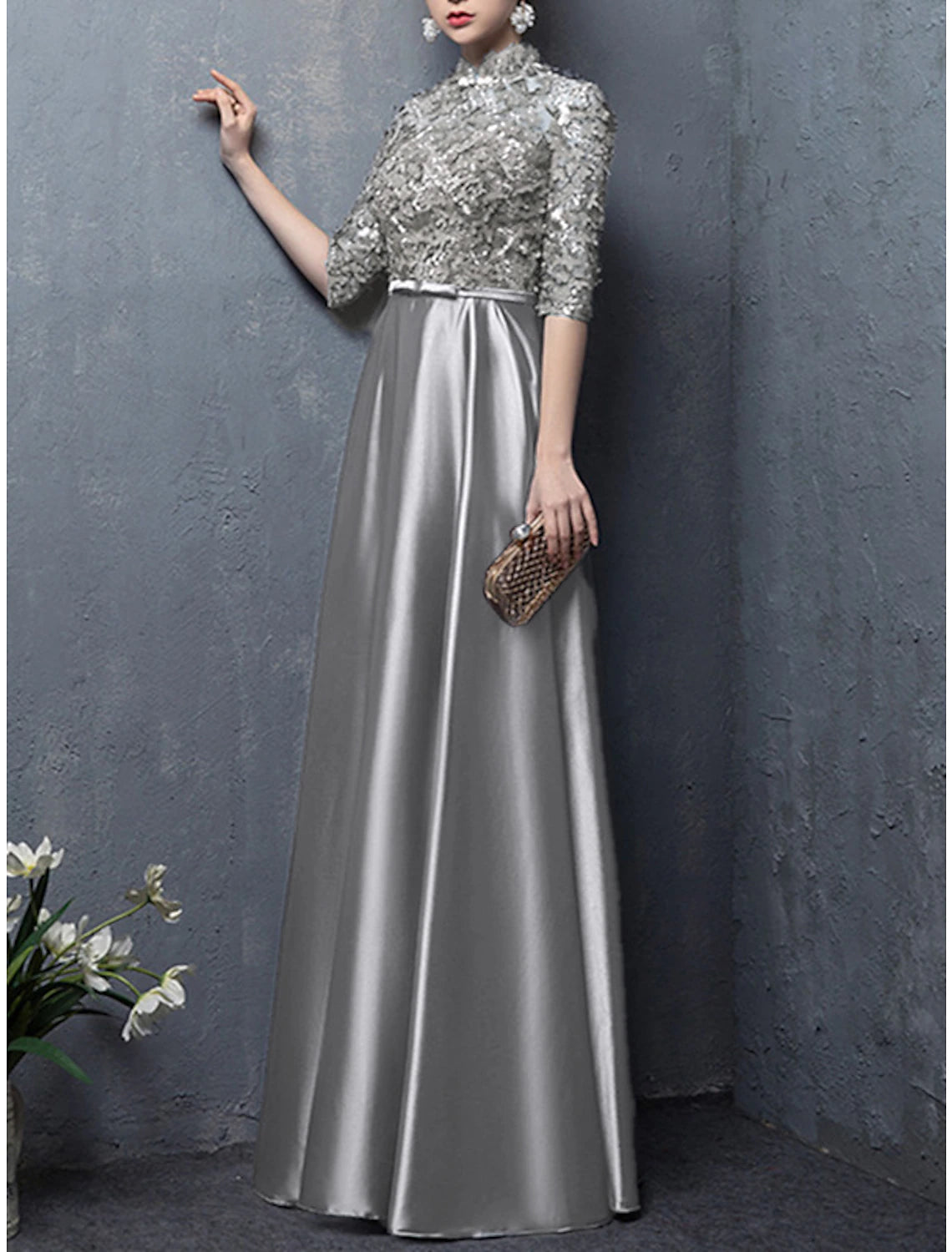 A-Line Mother of the Bride Dress Wedding Guest Vintage Elegant High Neck Floor Length Satin Half Sleeve with Bow(s) Appliques Fall