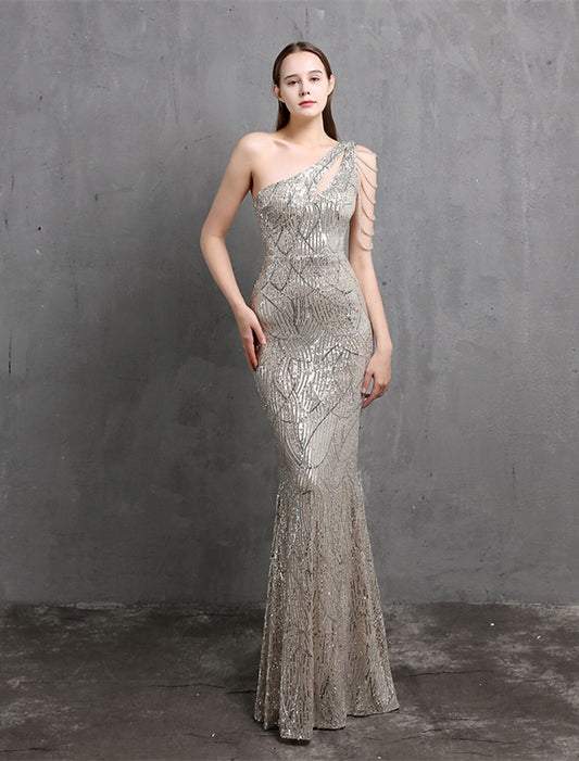 Mermaid / Trumpet Evening Gown Sparkle & Shine Dress Formal Floor Length Short Sleeve One Shoulder Sequined with Sequin