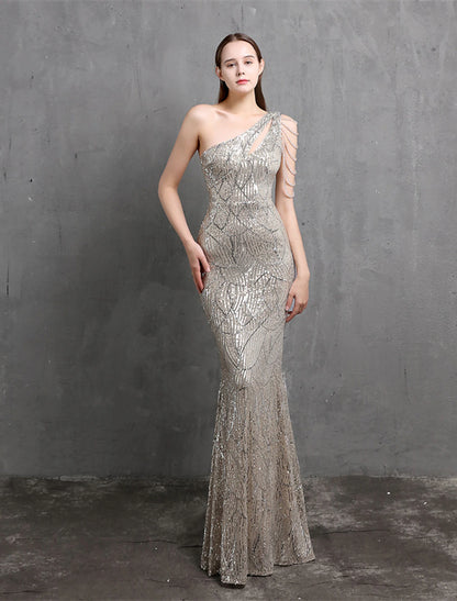 Mermaid / Trumpet Evening Gown Sparkle & Shine Dress Formal Wedding Guest Floor Length Short Sleeve One Shoulder Sequined with Sequin