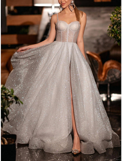 A-Line Prom Dresses Elegant Dress Formal Floor Length Sleeveless Sweetheart Sequined with Glitter Pleats Slit