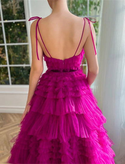 Ball Gown Evening Gown Puffy Dress Wedding Party Birthday Floor Length Sleeveless Spaghetti Strap Tulle with Ruffles Strappy