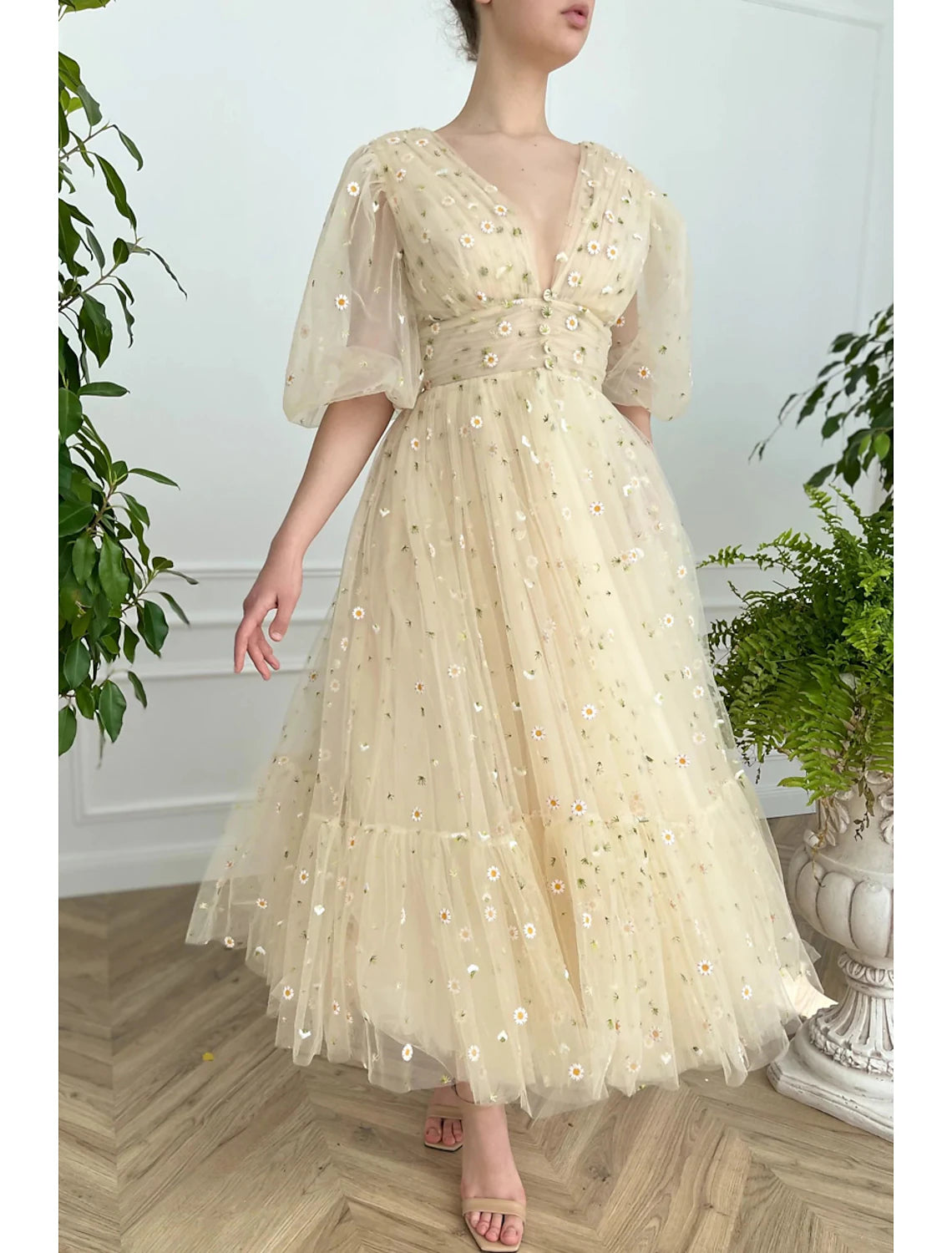 A-Line Prom Dresses Floral Dress Formal Wedding Guest Ankle Length Half Sleeve V Neck Lace V Back with Pleats Ruched