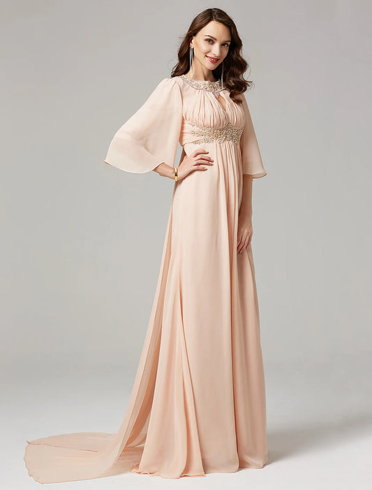 A-Line Mother of the Bride Dress Luxurious Elegant Jewel Neck Sweep / Brush Train Chiffon Half Sleeve with Pleats Beading