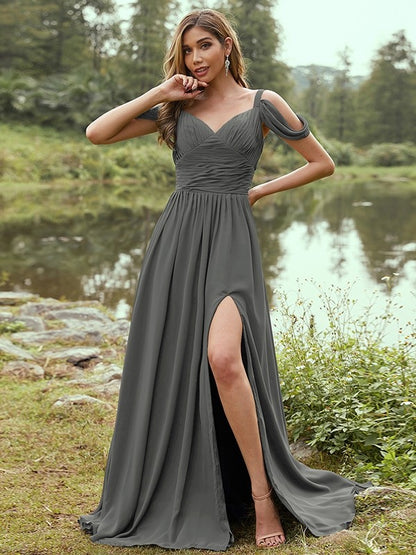 A-Line/Princess Chiffon Ruched V-neck Sleeveless Sweep/Brush Train Bridesmaid Dresses