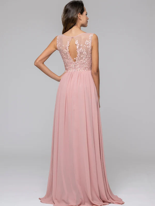 Applique V Neck Keyhole Back A Line Bridesmaid Dresses