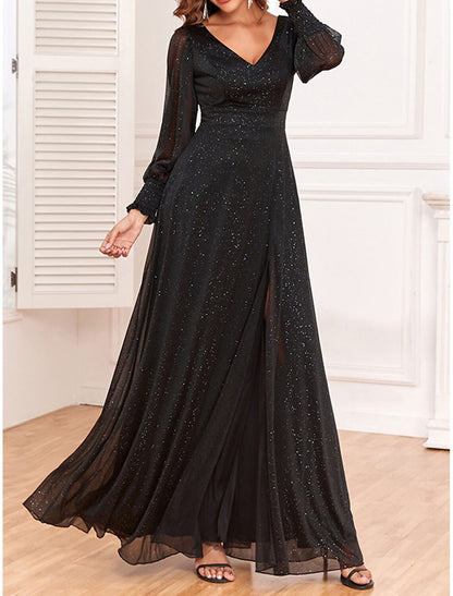 Black V Neck Long Sleeve Vacation Formal Black Spring Winter Dress Prom Dress Party Dress