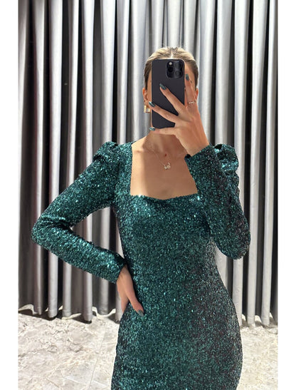 Sheath / Column Evening Gown Elegant Dress Formal Fall Tea Length Long Sleeve Square Neck Sequined with Glitter Slit