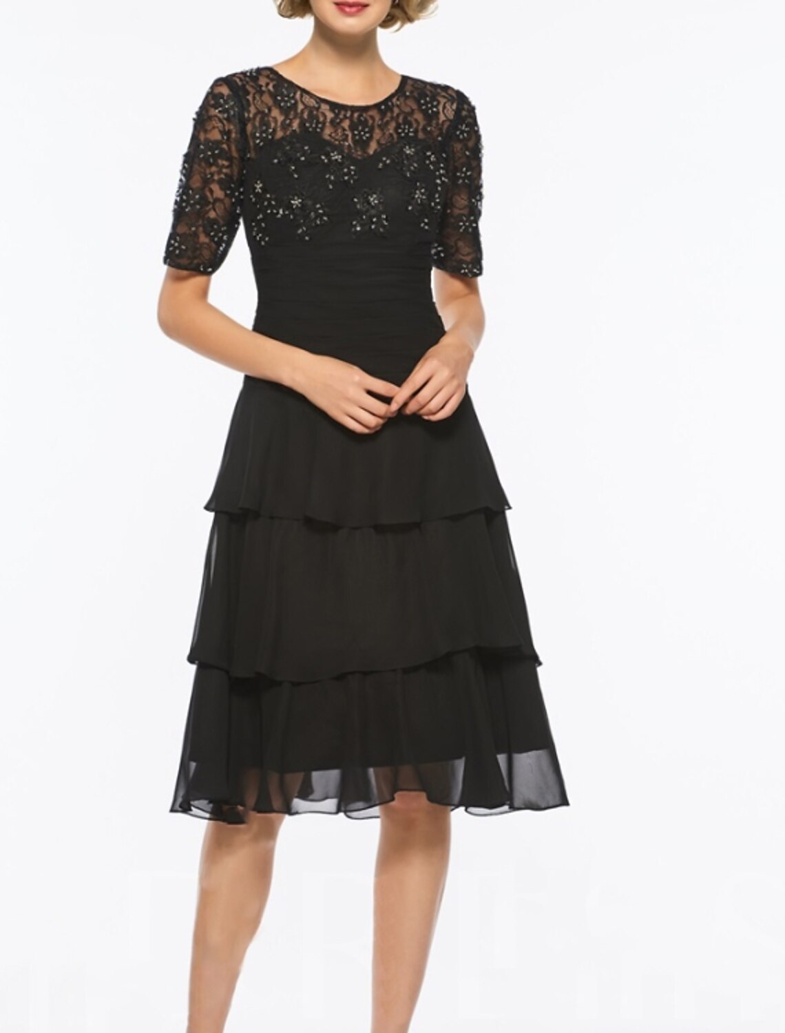 A-Line Mother of the Bride Dress Elegant Jewel Neck Knee Length Chiffon Lace Short Sleeve with Embroidery Cascading Ruffles