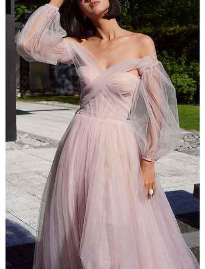 A-Line Elegant Sexy Wedding Guest Prom Dress Off Shoulder Long Sleeve Floor Length Tulle with Bow(s) Pleats