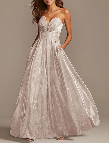 A-Line Sparkle Sexy Engagement Prom Dress Strapless Sleeveless Floor Length Sequined with Pleats Sequin