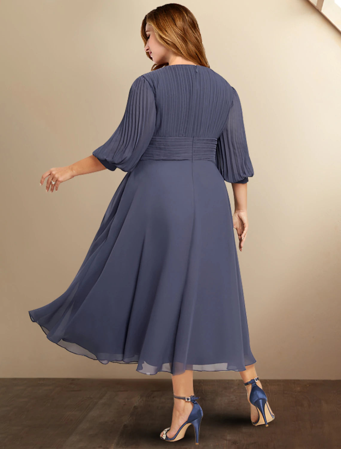 A-Line Mother of the Bride Dresses Plus Size Hide Belly Curve Elegant Dress Formal Tea Length Half Sleeve V Neck Chiffon with Pleats Ruched Fall