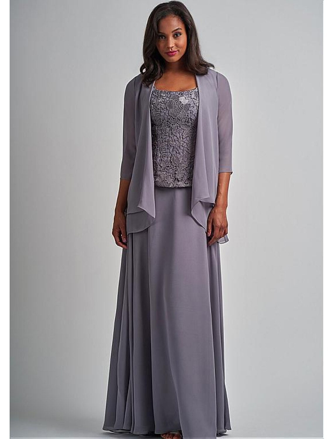 Two Piece A-Line Mother of the Bride Dress Elegant Square Neck Floor L