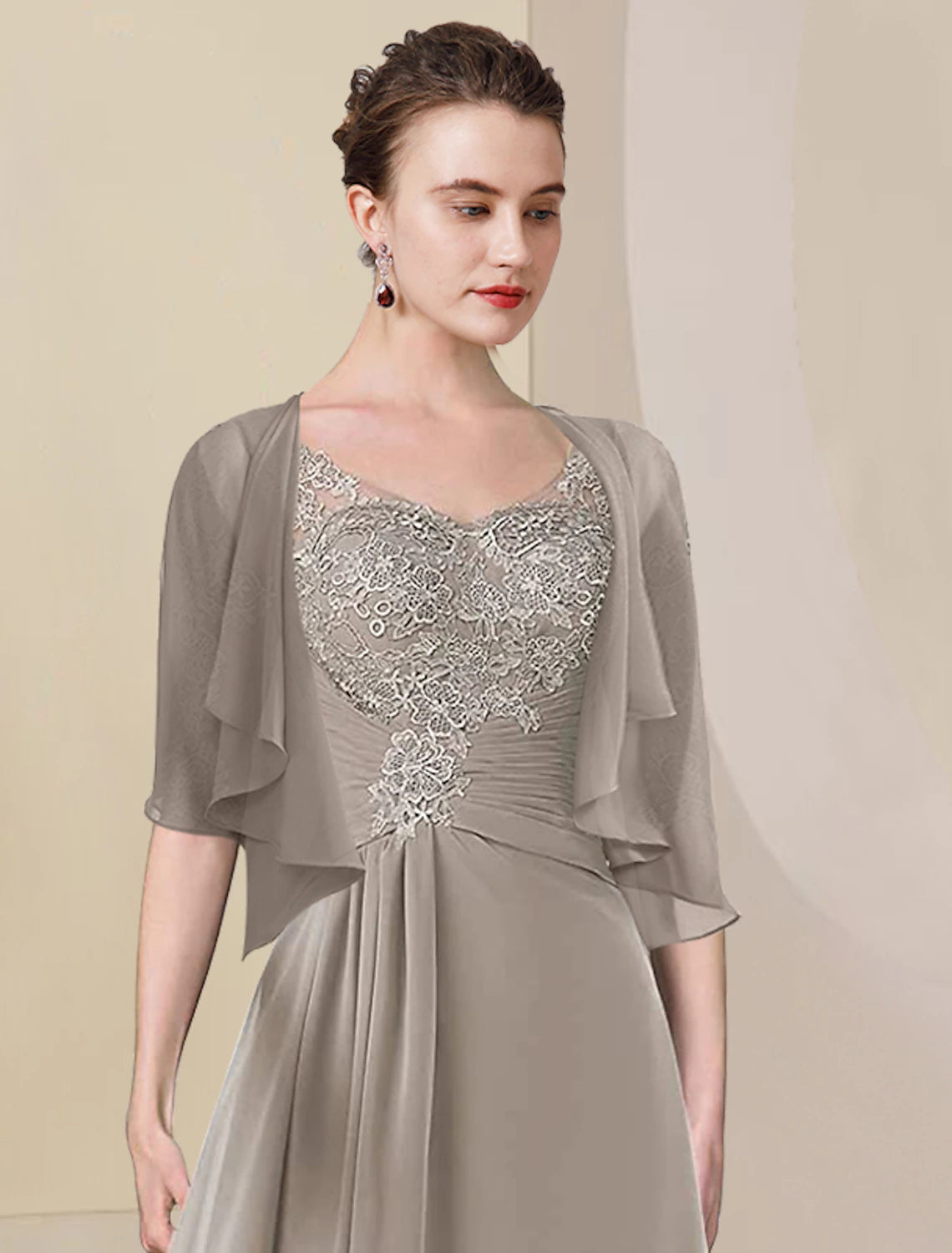 Two Piece A-Line Mother of the Bride Dress Formal Wedding Guest Elegant High Low V Neck Asymmetrical Tea Length Chiffon Lace Half Sleeve Wrap Included with Ruched Appliques