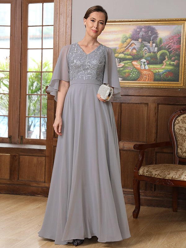 A-Line/Princess Chiffon Applique V-neck 1/2 Sleeves Floor-Length Mother of the Bride Dresses