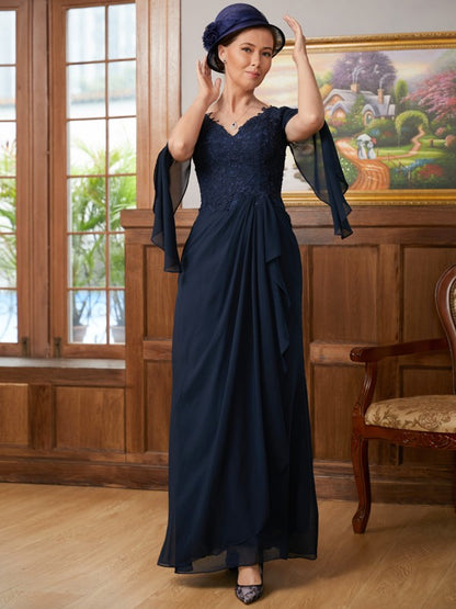 A-Line/Princess Chiffon Applique V-neck Long Sleeves Floor-Length Mother of the Bride Dresses