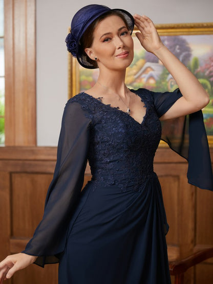 A-Line/Princess Chiffon Applique V-neck Long Sleeves Floor-Length Mother of the Bride Dresses