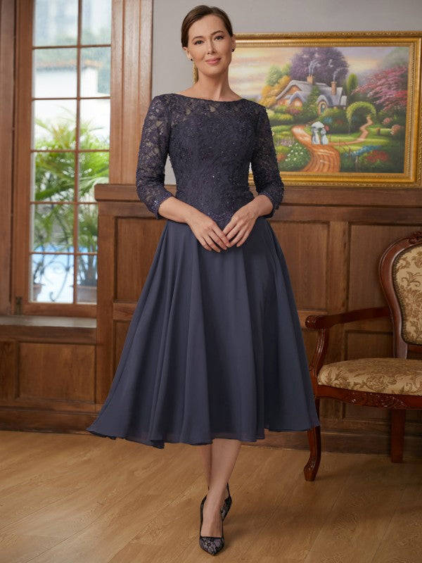 A-Line/Princess Chiffon Lace Scoop 3/4 Sleeves Tea-Length Mother of the Bride Dresses