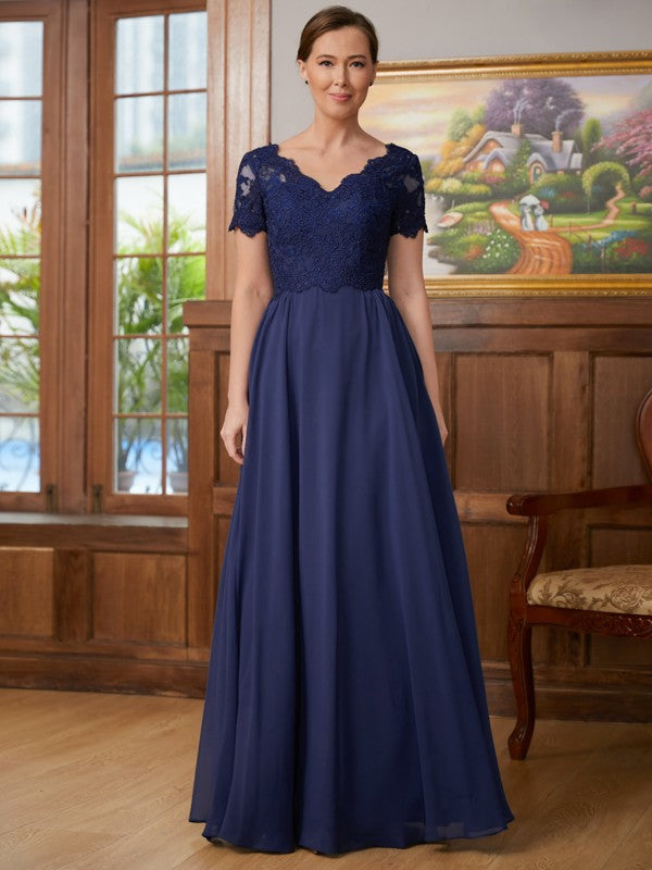 A-Line/Princess Chiffon Lace V-neck Short Sleeves Floor-Length Mother of the Bride Dresses