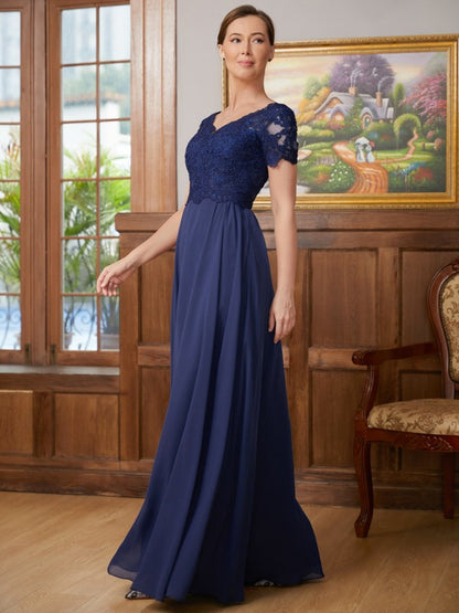 A-Line/Princess Chiffon Lace V-neck Short Sleeves Floor-Length Mother of the Bride Dresses