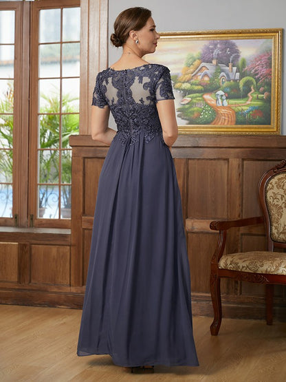 A-Line/Princess Chiffon Applique V-neck Short Sleeves Floor-Length Mother of the Bride Dresses