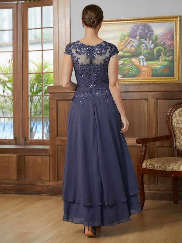 A-Line/Princess Chiffon Applique Scoop Short Sleeves Asymmetrical Mother of the Bride Dresses