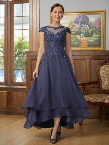 A-Line/Princess Chiffon Applique Scoop Short Sleeves Asymmetrical Mother of the Bride Dresses