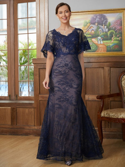 Sheath/Column Silk like Satin Lace V-neck Short Sleeves Floor-Length Mother of the Bride Dresses