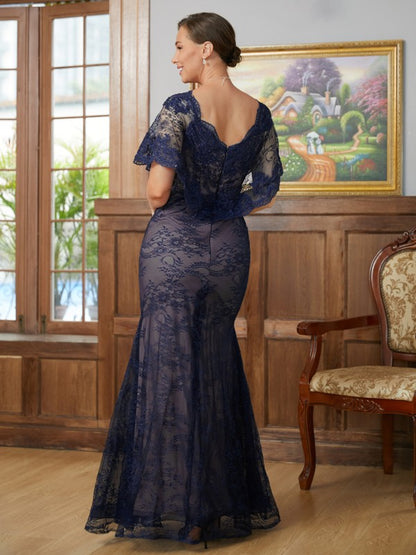 Sheath/Column Silk like Satin Lace V-neck Short Sleeves Floor-Length Mother of the Bride Dresses