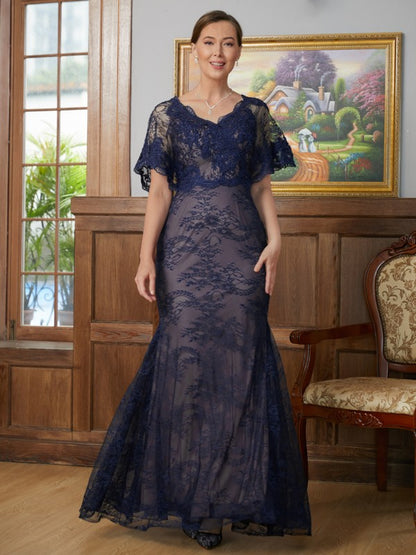 Sheath/Column Silk like Satin Lace V-neck Short Sleeves Floor-Length Mother of the Bride Dresses