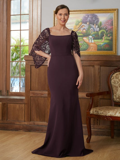 Sheath/Column Stretch Crepe Lace Square 1/2 Sleeves Sweep/Brush Train Mother of the Bride Dresses