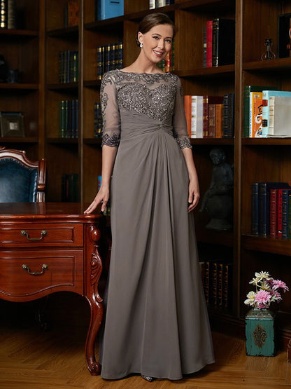 A-Line/Princess Chiffon Applique Scoop 3/4 Sleeves Floor-Length Mother of the Bride Dresses