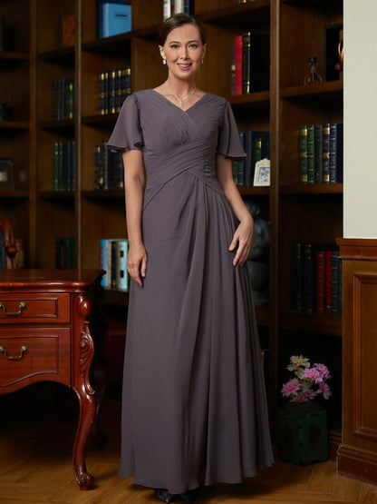 A-Line/Princess Chiffon Ruched V-neck Short Sleeves Floor-Length Mother of the Bride Dresses