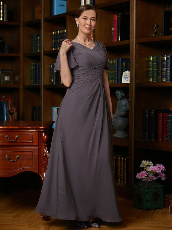 A-Line/Princess Chiffon Ruched V-neck Short Sleeves Floor-Length Mother of the Bride Dresses