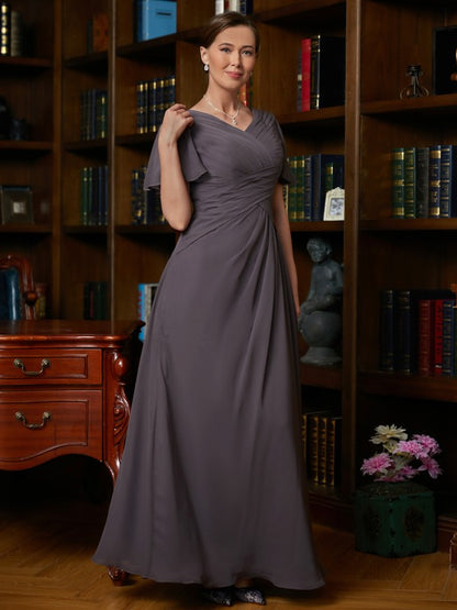 A-Line/Princess Chiffon Ruched V-neck Short Sleeves Floor-Length Mother of the Bride Dresses