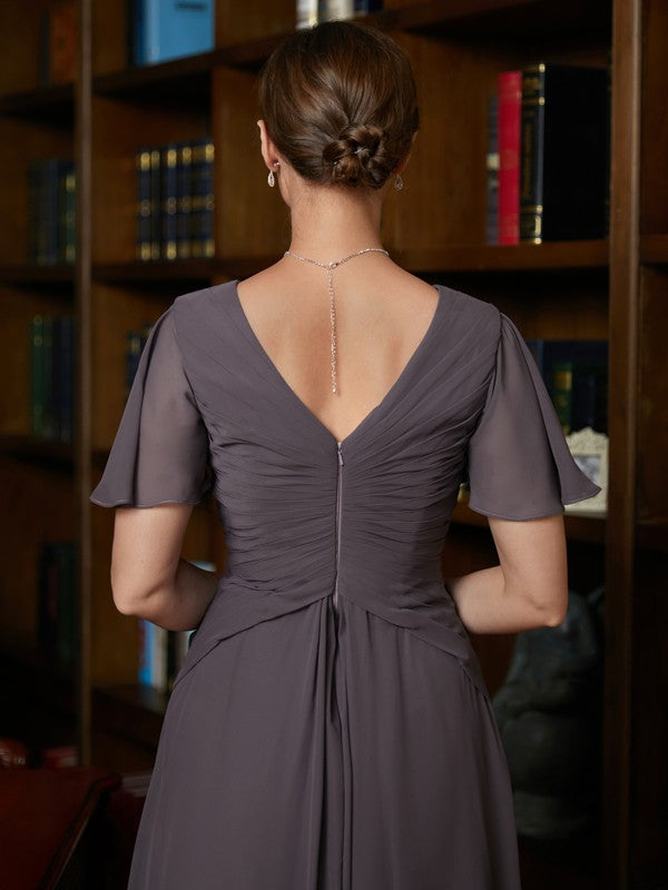 A-Line/Princess Chiffon Ruched V-neck Short Sleeves Floor-Length Mother of the Bride Dresses