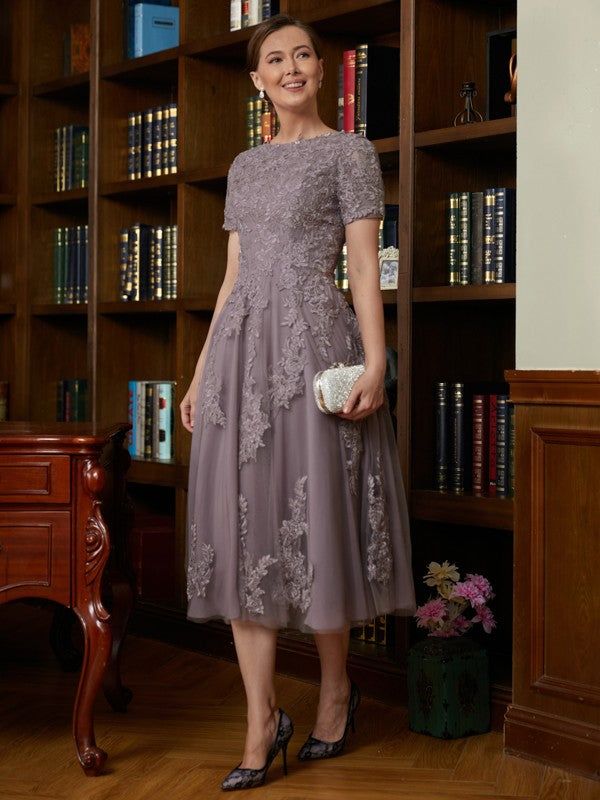 A-Line/Princess Chiffon Lace Scoop Short Sleeves Tea-Length Mother of the Bride Dresses