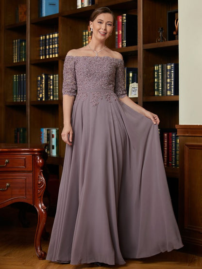 A-Line/Princess Chiffon Applique Off-the-Shoulder 3/4 Sleeves Floor-Length Mother of the Bride Dresses