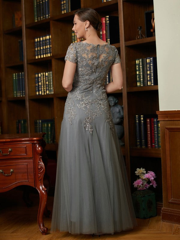 A-Line/Princess Tulle Lace Scoop Short Sleeves Floor-Length Mother of the Bride Dresses