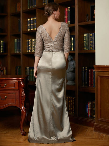 A-Line/Princess Silk Like Satin Lace V-neck 3/4 Sleeves Sweep/Brush Train Mother of the Bride Dresses