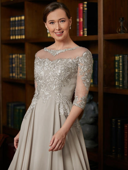 A-Line/Princess Chiffon Lace Scoop 3/4 Sleeves Tea-Length Mother of the Bride Dresses