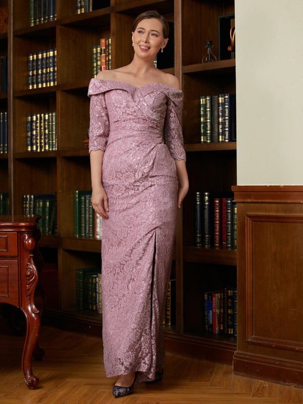 Sheath/Column Satin Lace Off-the-Shoulder 3/4 Sleeves Floor-Length Mother of the Bride Dresses