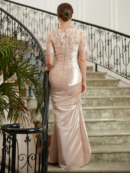 Sheath/Column Elastic Woven Satin Lace Sweetheart Short Sleeves Floor-Length Mother of the Bride Dresses