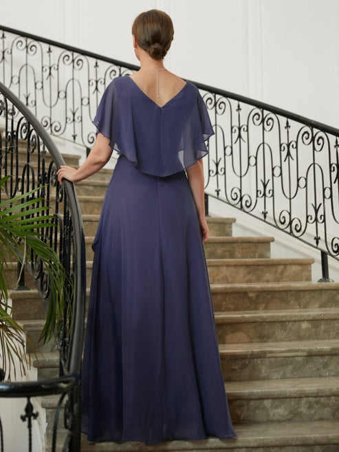 A-Line/Princess Chiffon Beading V-neck Short Sleeves Asymmetrical Moth ...