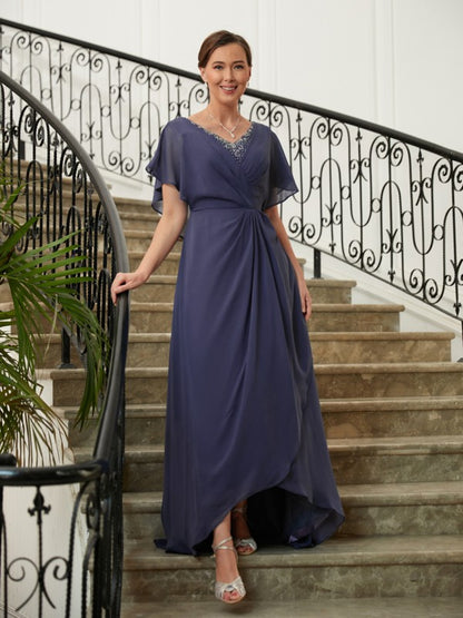 A-Line/Princess Chiffon Beading V-neck Short Sleeves Asymmetrical Mother of the Bride Dresses