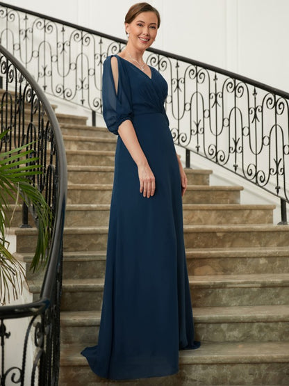 A-Line/Princess Chiffon Ruched V-neck 1/2 Sleeves Floor-Length Mother of the Bride Dresses