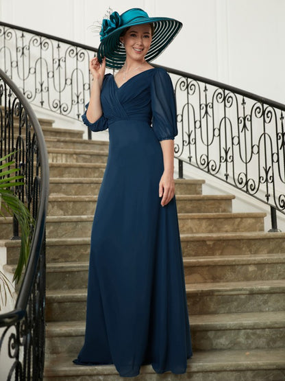 A-Line/Princess Chiffon Ruched V-neck 1/2 Sleeves Floor-Length Mother of the Bride Dresses