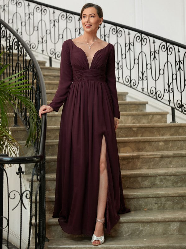 A-Line/Princess Chiffon Ruched V-neck Long Sleeves Floor-Length Mother of the Bride Dresses