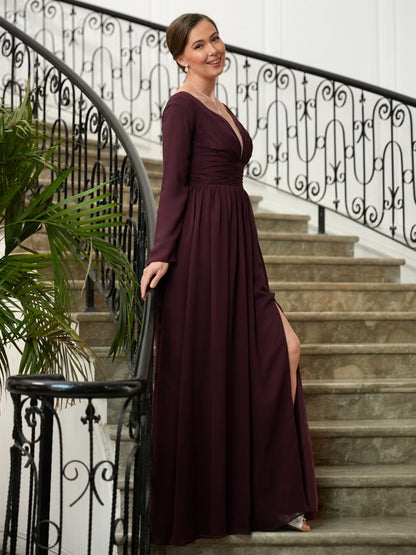 A-Line/Princess Chiffon Ruched V-neck Long Sleeves Floor-Length Mother of the Bride Dresses